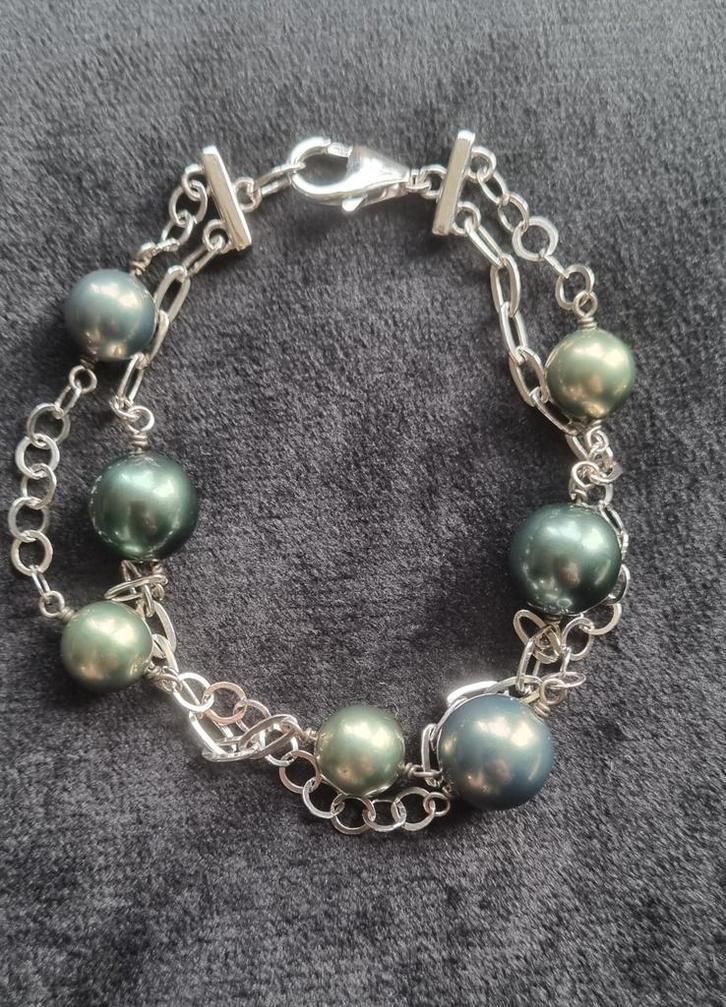 925 Zilveren Armband met Groene en Grijze Parels – 12,85 gra, Sieraden, Tassen en Uiterlijk, Armbanden, Nieuw, Zilver, Zilver