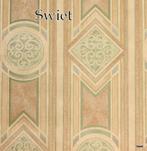 7798 retro geometrisch behang in beige en zachtgroen swiet, Ophalen of Verzenden, 75 m² of meer, Beige