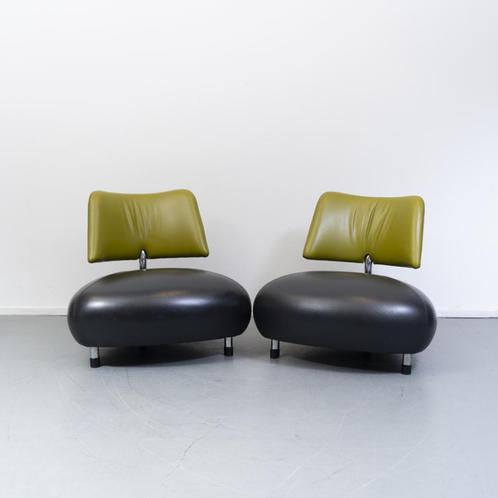 2x Leolux Pallone fauteuils uitgevoerd in zwart/groen, Huis en Inrichting, Fauteuils, Zo goed als nieuw, Leer, Ophalen of Verzenden