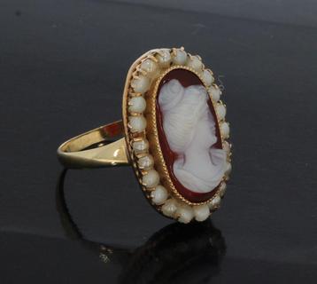 Schelp camee parels antieke 14k gouden dames ring vintage beschikbaar voor biedingen