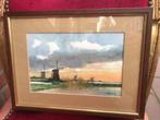 aquarel van W.van Beekum, molens bij de vaart, Minder dan 50 cm, Ophalen of Verzenden, Zo goed als nieuw, Schilderij