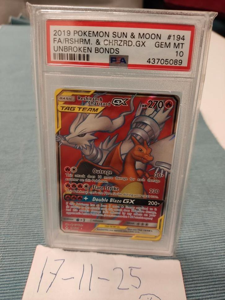PSA 10 Reshiram Charizard FA 194/214 Unbroken Bonds, Hobby en Vrije tijd, Verzamelkaartspellen | Pokémon, Zo goed als nieuw, Ophalen of Verzenden