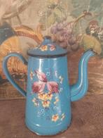 Antiek emaille koffiekan met dik opgelegde bloemen, blauw, Ophalen of Verzenden
