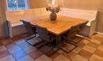 Massief eiken tafel met kerkbank en stoelen, Ophalen, Zo goed als nieuw, 4 tot 6 stoelen