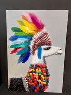 Kleurrijk schilderij Alpaca 3d bewerkt met ponpons en veren, Nieuw, Ophalen of Verzenden