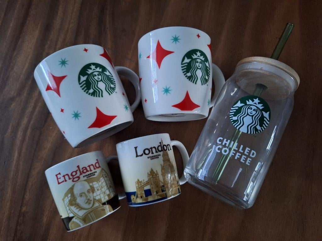 5 Starbucks mokken en glas, Huis en Inrichting, Keuken | Servies, Ophalen of Verzenden, Zo goed als nieuw, Aardewerk, Kop(pen) en/of Schotel(s)