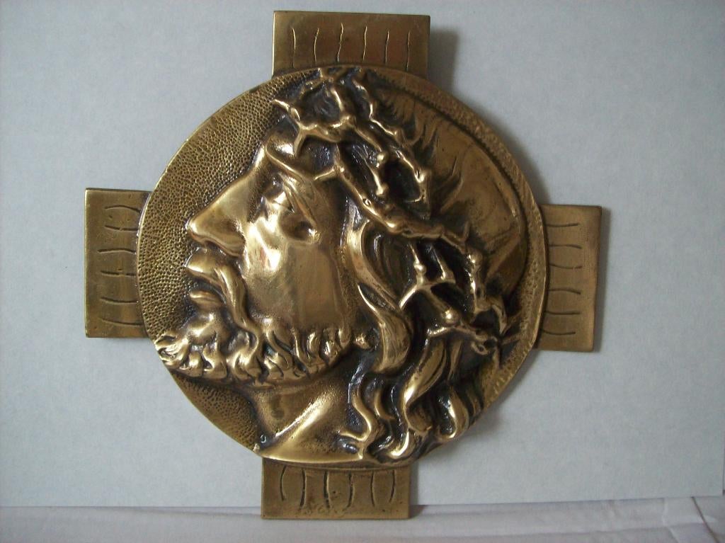 Antiek vintage Jezus bronzen wandtableau sculptuur reliëf, Ophalen of Verzenden