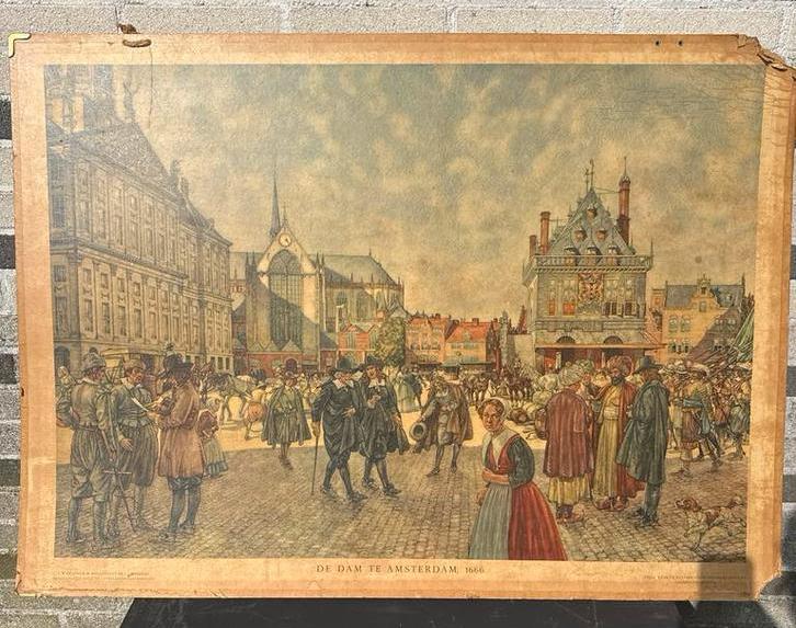 Historische schoolplaat/prent: De Dam te Amsterdam, 1666, Antiek en Kunst, Ophalen, Stad- en Dorpsgezichten