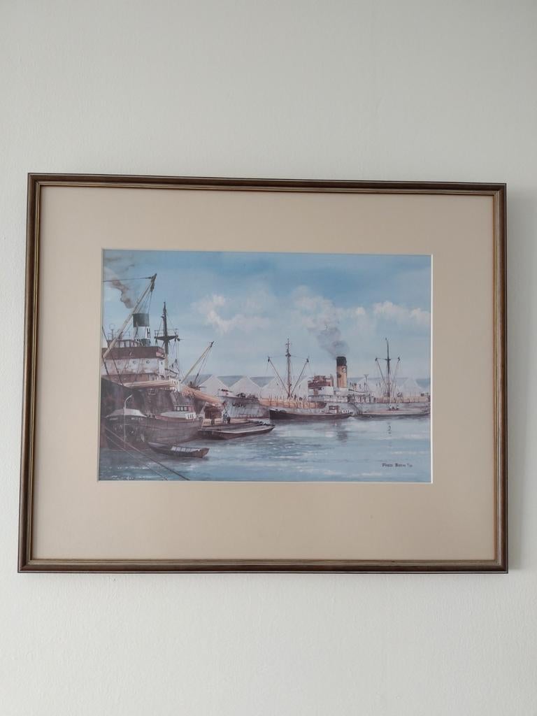 Maritiem schilderij van Fred Boom - Havenzicht - Gesigneerd, Ophalen