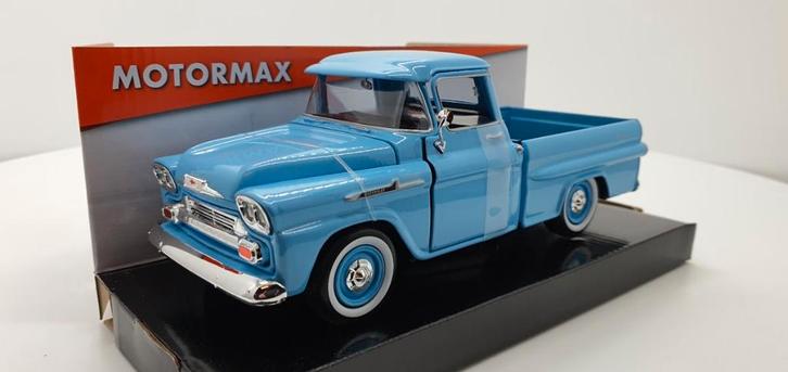Chevrolet Apache Fleetside 1958 Pick Up lichtblauw 1:24, Hobby en Vrije tijd, Modelauto's | 1:24, Nieuw, Auto, Motormax, Ophalen of Verzenden