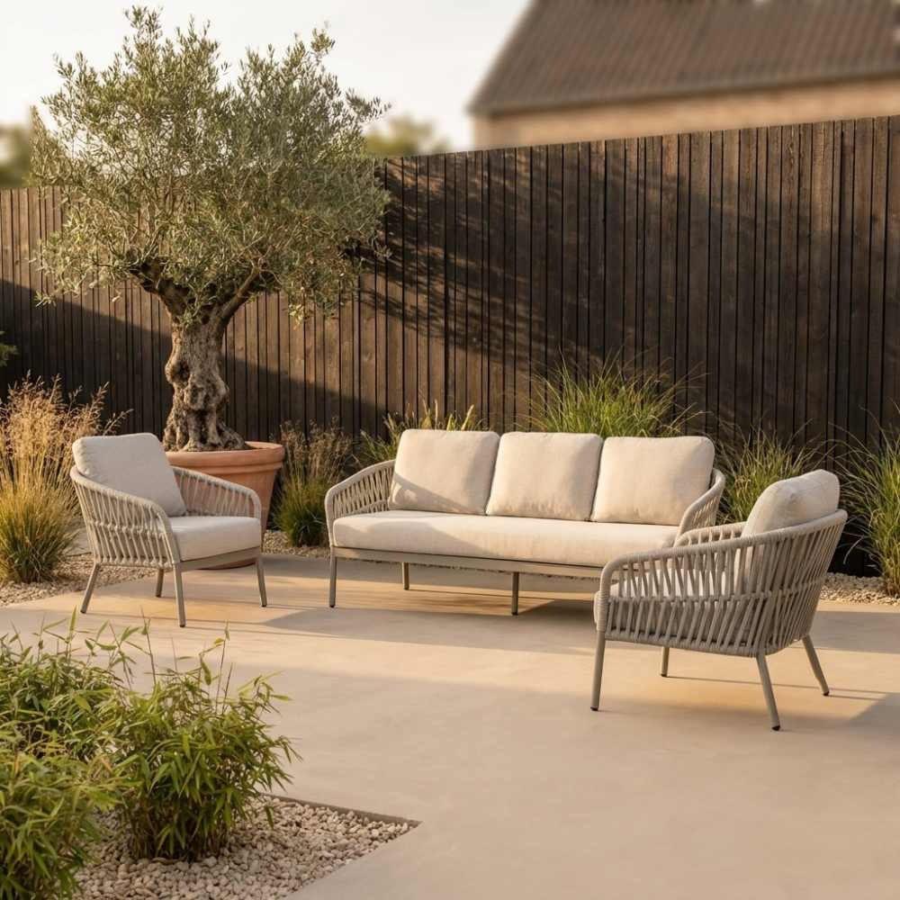 Mykonos stoel-bank loungeset beige | aluminium + rope, Ophalen, 5 zitplaatsen, Aluminium, Zo goed als nieuw