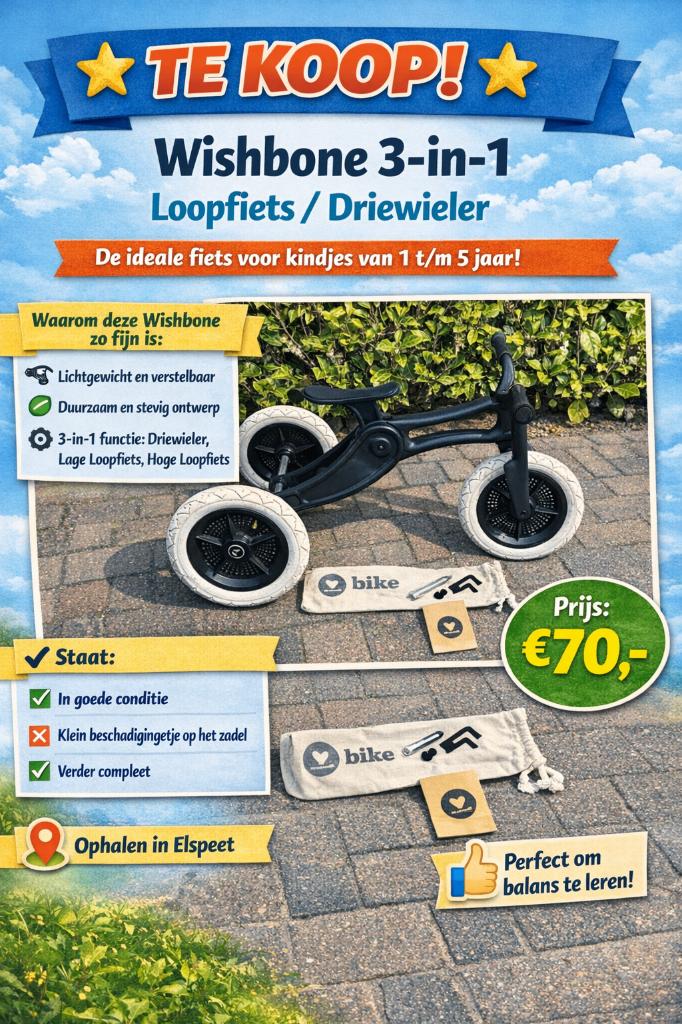 Wishbone 3‑in‑1  Driewieler / Loopfiets €70, Fietsen en Brommers, Ophalen, Zo goed als nieuw, Wishbone, Verstelbare zitting