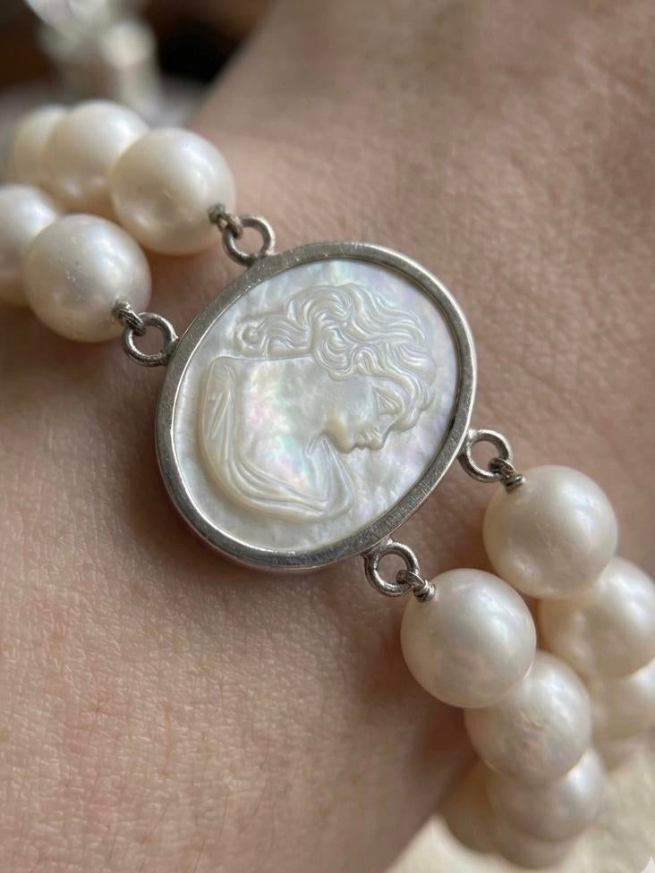 2rijige vintage parelarmband met zilveren slot, Ophalen of Verzenden, Zo goed als nieuw, Zilver