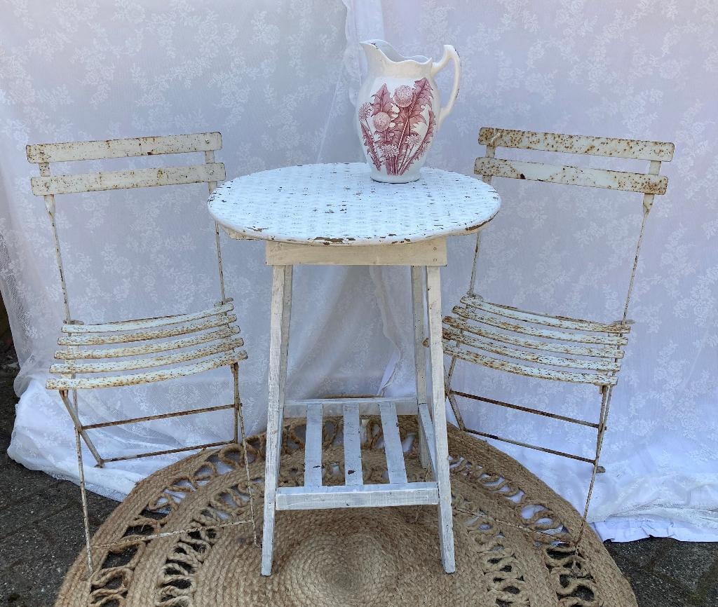Brocante wit rond houten tafeltje - tuintafeltje, Antiek en Kunst, Ophalen