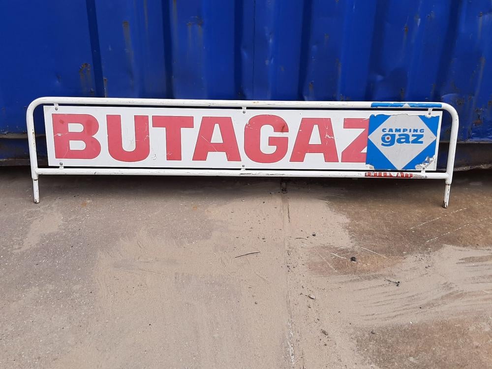 Groot stoer reclamebord BUTAGAZ camping gaz., Verzamelen, Merken en Reclamevoorwerpen, Ophalen, Reclamebord, Gebruikt, .