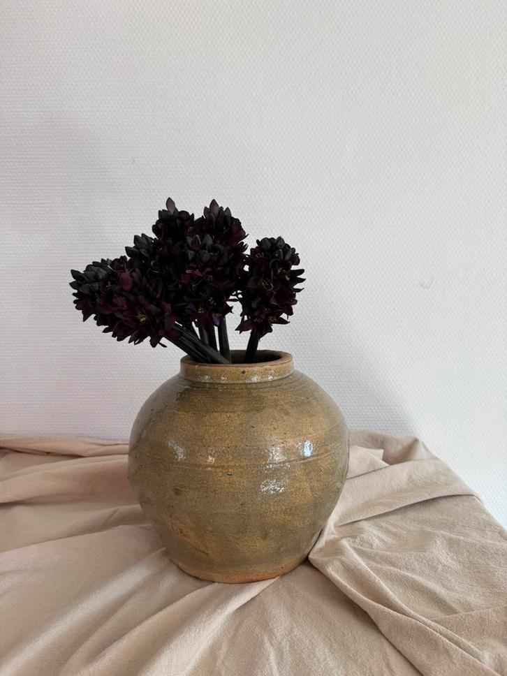 Antiek Japanese pot / vaas stoneware  olijfgroen bruin h20cm, Huis en Inrichting, Woonaccessoires | Vazen, Zo goed als nieuw, Overige kleuren