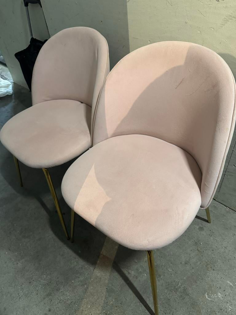 Set van 2 Roze Fluweel Stoelen met Gouden Poten, Huis en Inrichting, Stoelen, Ophalen, Twee, Overige kleuren, Zo goed als nieuw