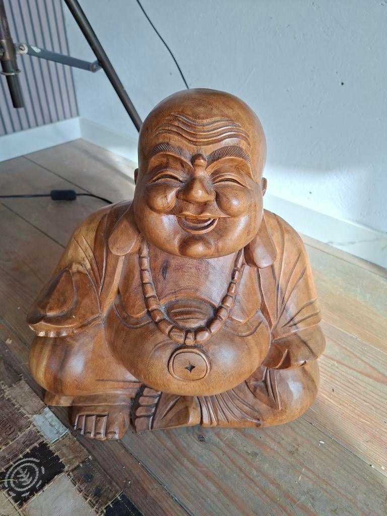 Grote houten Boeddha beeld - Lachende Boeddha, Huis en Inrichting, Woonaccessoires | Boeddhabeelden, Gebruikt, Ophalen of Verzenden