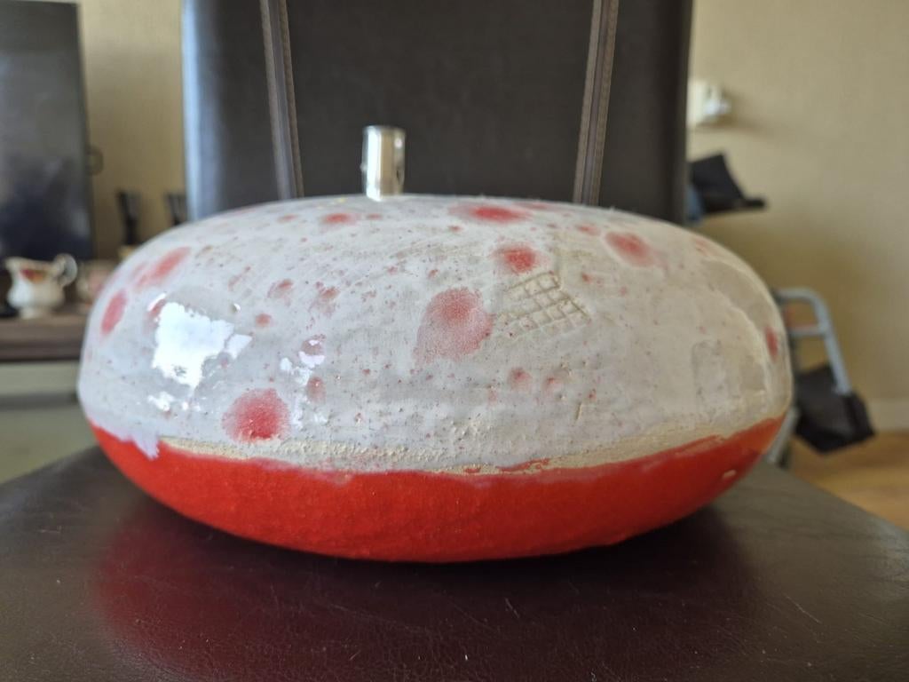 Unieke keramische olielamp - Rood en wit gespikkeld, Ophalen of Verzenden