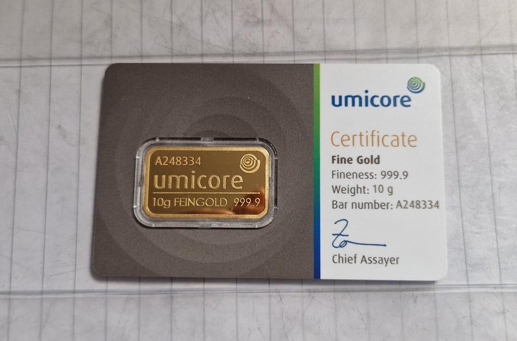 Gouden baar 10gr umicore lbma, Ophalen of Verzenden, Goud