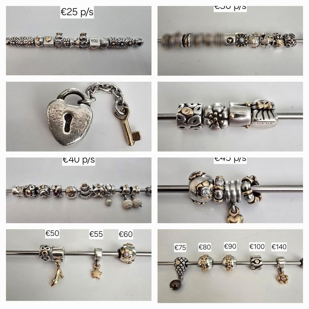 Elegante zilveren Pandora bedels met 14 karaat goud, Sieraden, Tassen en Uiterlijk, Bedels, Ophalen of Verzenden, Zo goed als nieuw