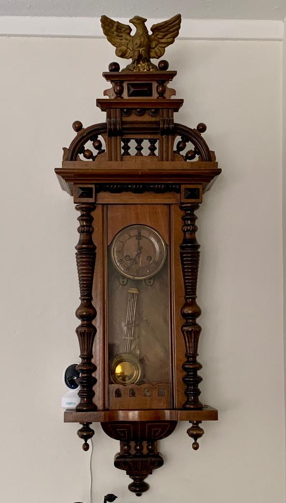 Junghans wandklok, loopt goed, mooie slag. Ca. 1900. 115 cm, Ophalen