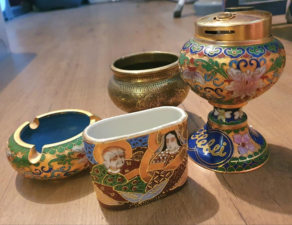 Vintage Chinese Cloisonné emaille Rookset asbak en aansteker, Ophalen of Verzenden