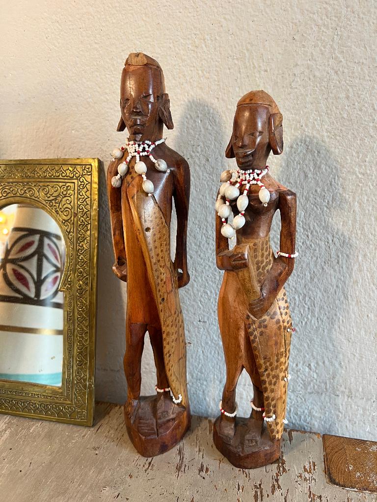 Vintage antieke houten beelden Afrikaanse kunst houtsnijwerk, Groep mensen, Ophalen of Verzenden, Handgemaakt, 20 - 50 cm