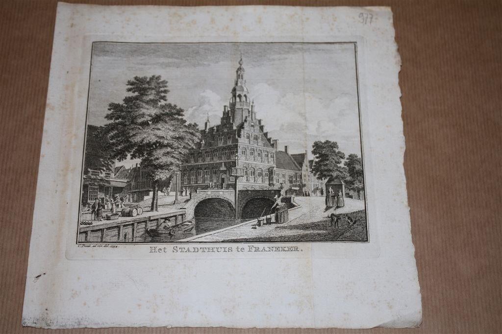 Antieke gravure/ets - Stadthuis te Franeker - 1754, Antiek en Kunst, Ophalen of Verzenden