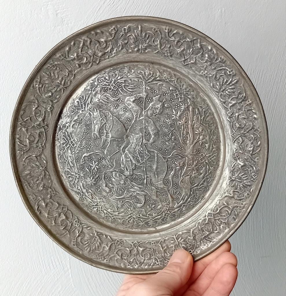 Antiek Wandbord Iran Persian Ghalamzani Plate Jacht Tafereel, Ophalen of Verzenden