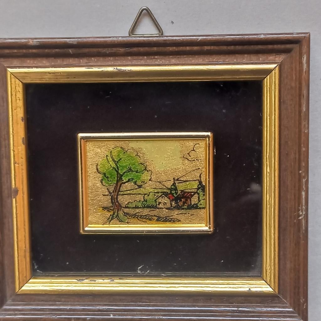 Vintage Schilderijtje Landschap met Huisje en Boom, Antiek en Kunst, Kunst | Schilderijen | Klassiek, Ophalen of Verzenden