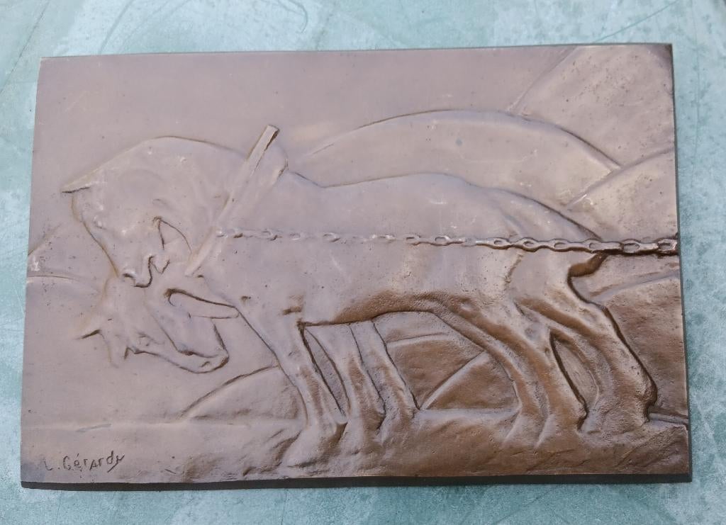 Art deco bronzen plaquette plakette L. Gerardy 2 trekpaarden, Antiek en Kunst, Ophalen of Verzenden, Brons