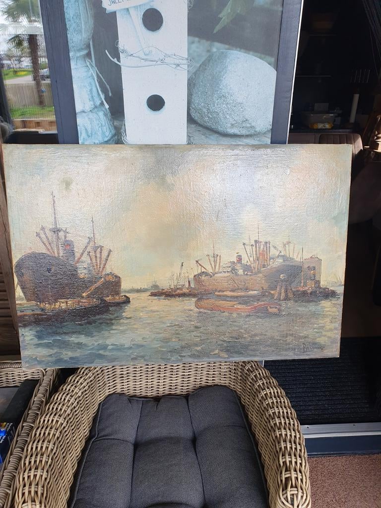 Olieverfschilderij havengezicht met schepen, Antiek en Kunst, Kunst | Schilderijen | Klassiek, Ophalen of Verzenden