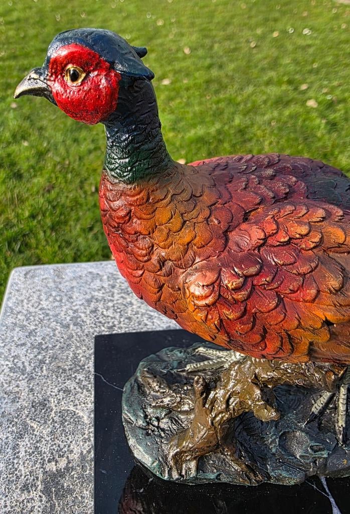 FAZANT / brons / marmeren voet, Tuin en Terras, Tuinbeelden, Dierenbeeld, Nieuw, Info@huisentuindecoratiemarie.nl, Huis en tuin decoratie marie