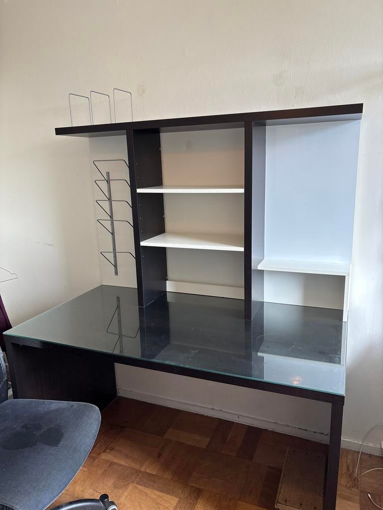 Bureau met opzetstuk en glazen blad, Ophalen, Gebruikt, Hout, Bruin