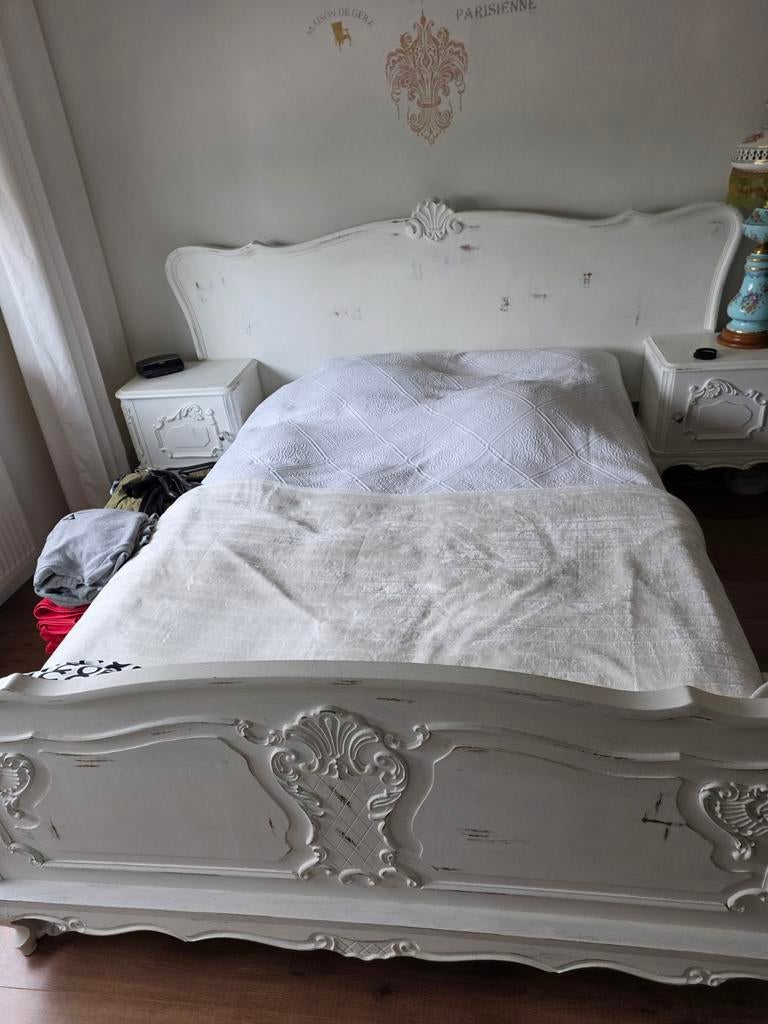 Prachtig wit brocante tweepersoonsbed, Huis en Inrichting, Slaapkamer | Bedden, Gebruikt, Wit, Tweepersoons, Ophalen of Verzenden