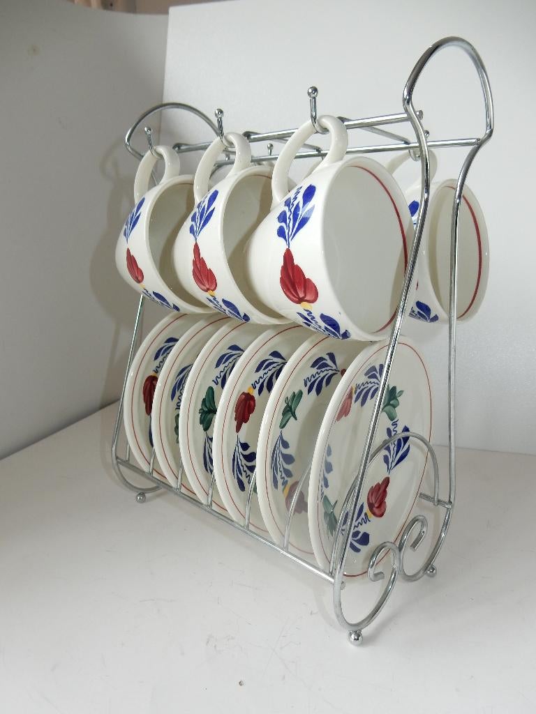 Boerenbont rekje met 6 kop en schotels, Ophalen of Verzenden, Zo goed als nieuw, Kop(pen) en/of Schotel(s), Aardewerk