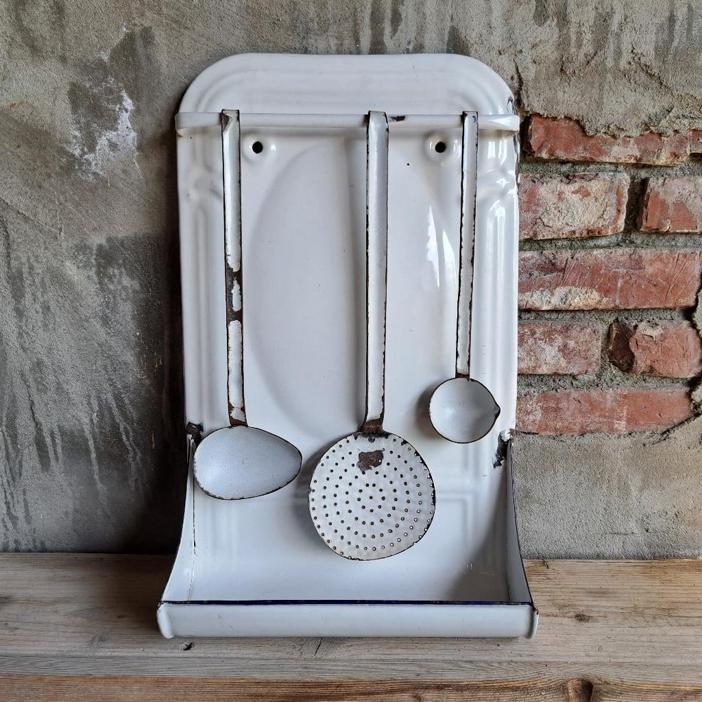 Oud brocante wit emaille lepelrek rek met 3 lepels *Etage3*, Ophalen of Verzenden, ., ., .