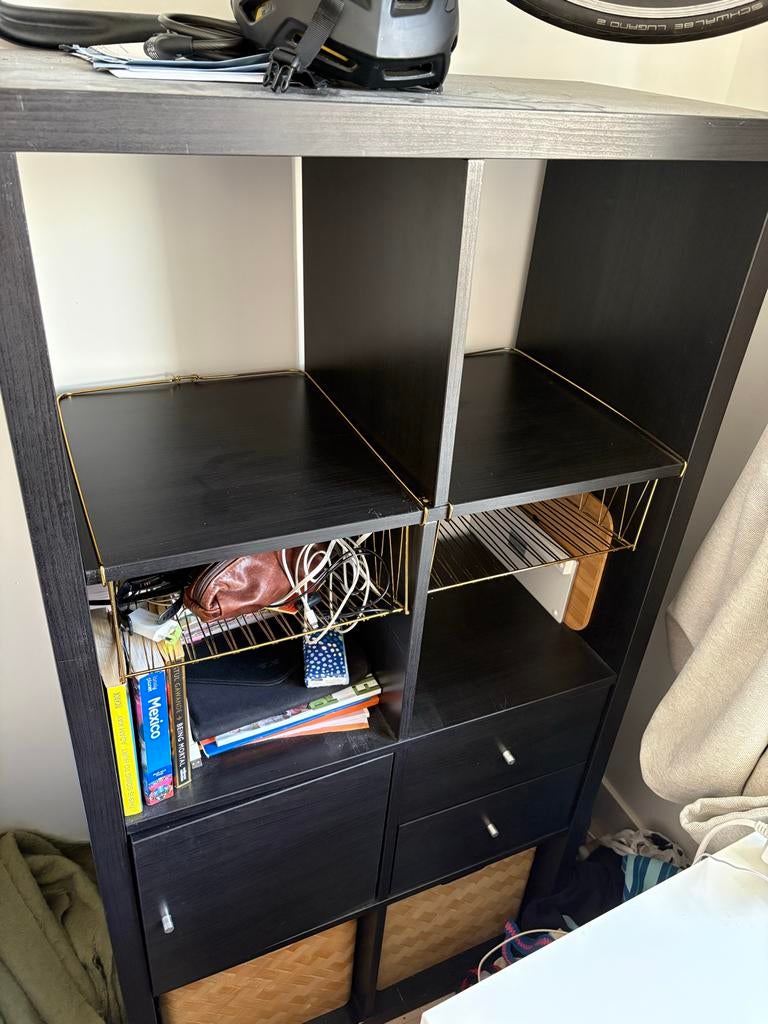 Zwart IKEA Kallax vakkenkast met lades en manden, Ophalen, Gebruikt, 100 tot 150 cm, 50 tot 100 cm