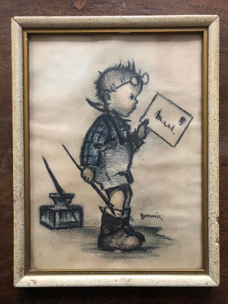 Vintage Bonnie Hummel prent van jongen met inktpot, Gebruikt, Ophalen of Verzenden, Voor 1940, Prent