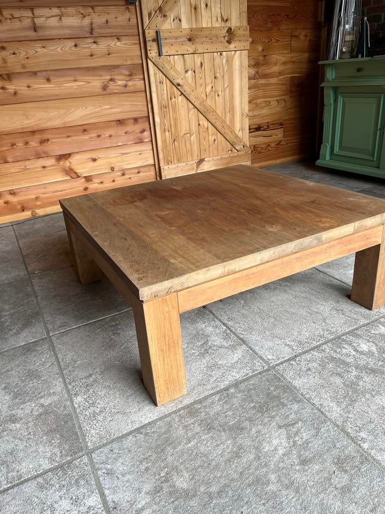 Robuuste houten salon- of terrastafel 100x100 cm, Huis en Inrichting, Tafels | Salontafels, Gebruikt, Vierkant, Minder dan 50 cm
