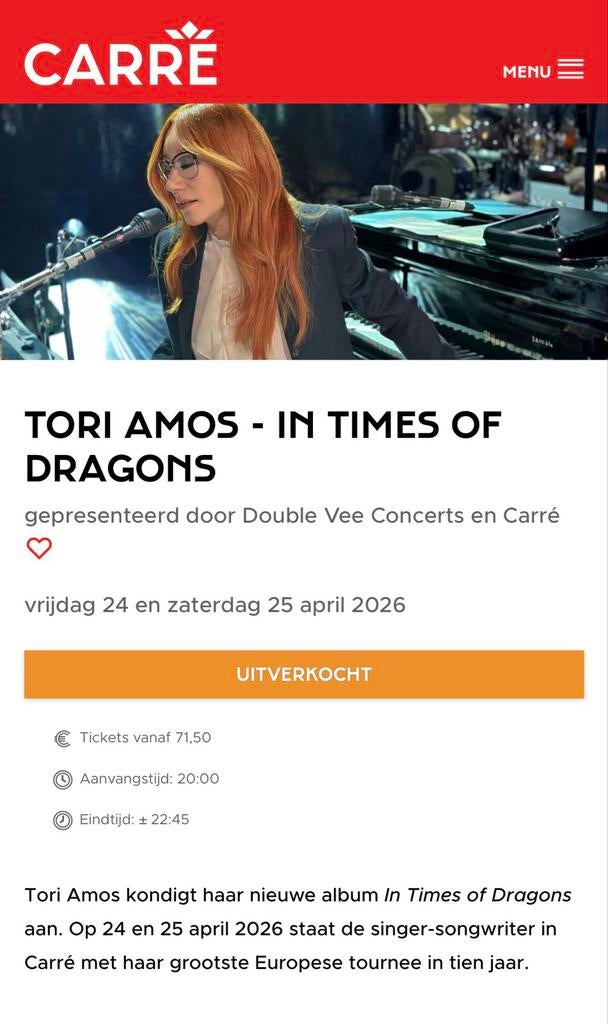 2 Concertkaarten Tori Amos in Carré zaterdag 25 april 2026, Tickets en Kaartjes, Concerten | Pop, Twee personen, April