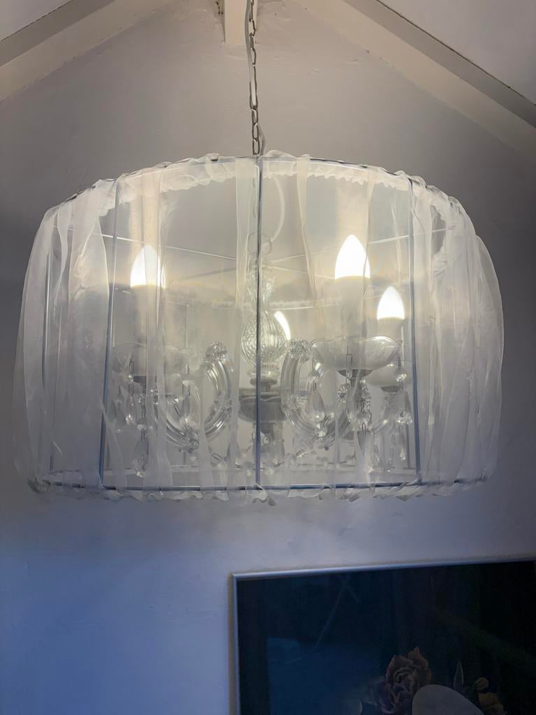 Elegante kroonluchter met organza kap., Ophalen, Gebruikt, Overige materialen, Klassiek - hip