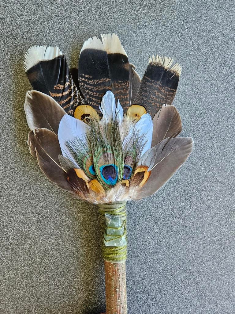 Smudge feathers aventurijn pauwenveer veren waaier reiki, Ophalen of Verzenden