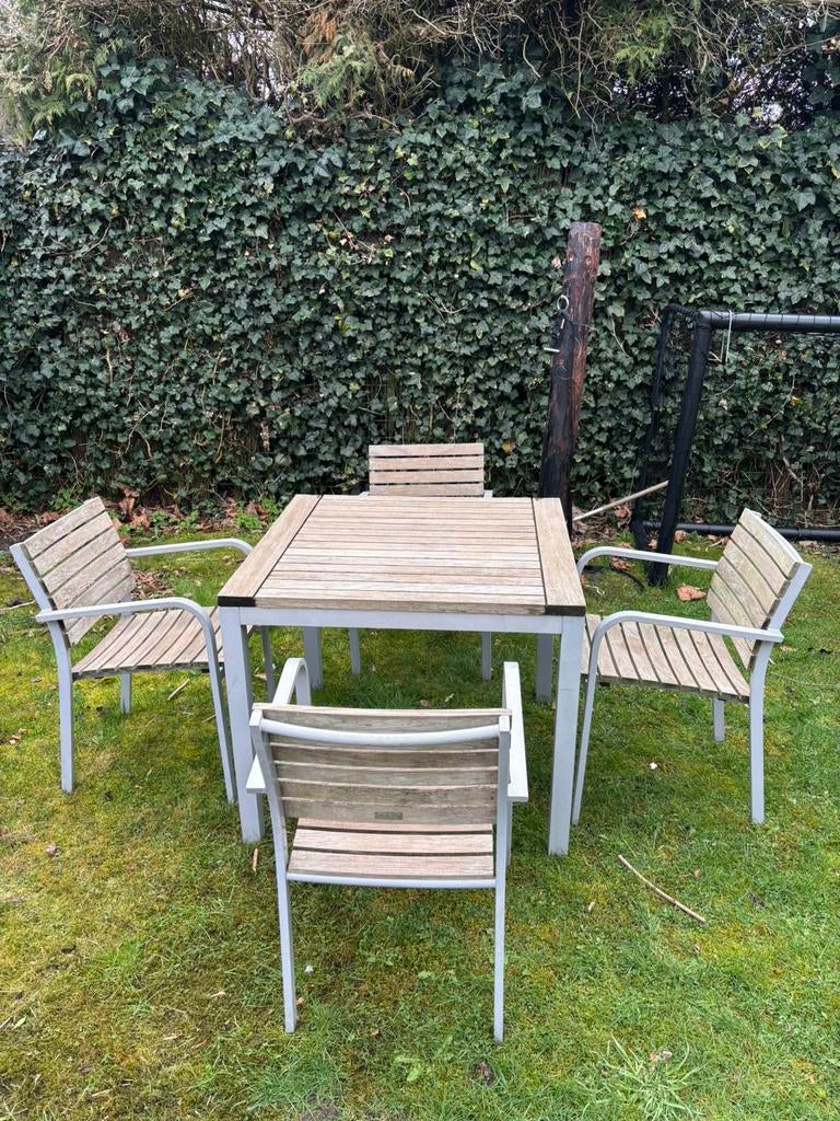 Tribù design tuintafel met 4 stoelen te koop, Tuin en Terras, Ophalen, Zo goed als nieuw, Teakhout