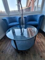 2 blauwe fauteuils en glazen salontafel, Huis en Inrichting, Fauteuils, Ophalen of Verzenden