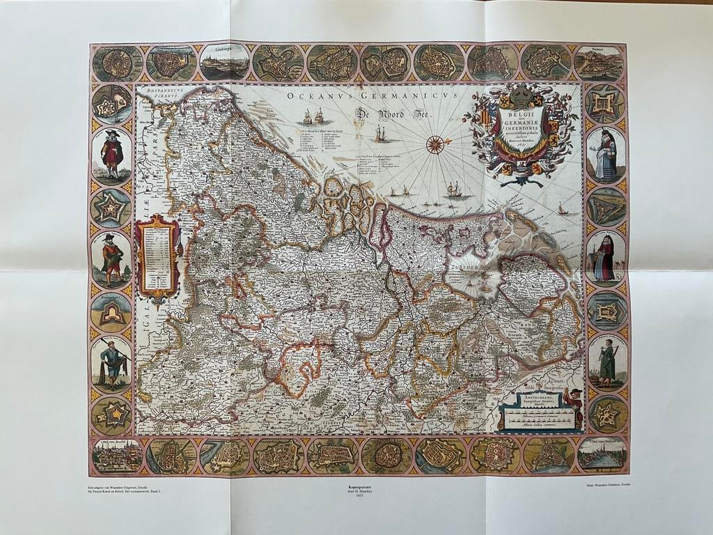 Afdruk kopergravure H. Hondius 1631, Voor 1800, Ophalen of Verzenden, Nederland, Landkaart