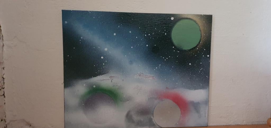 Spraypaint art [melkweg met planeten], Ophalen of Verzenden