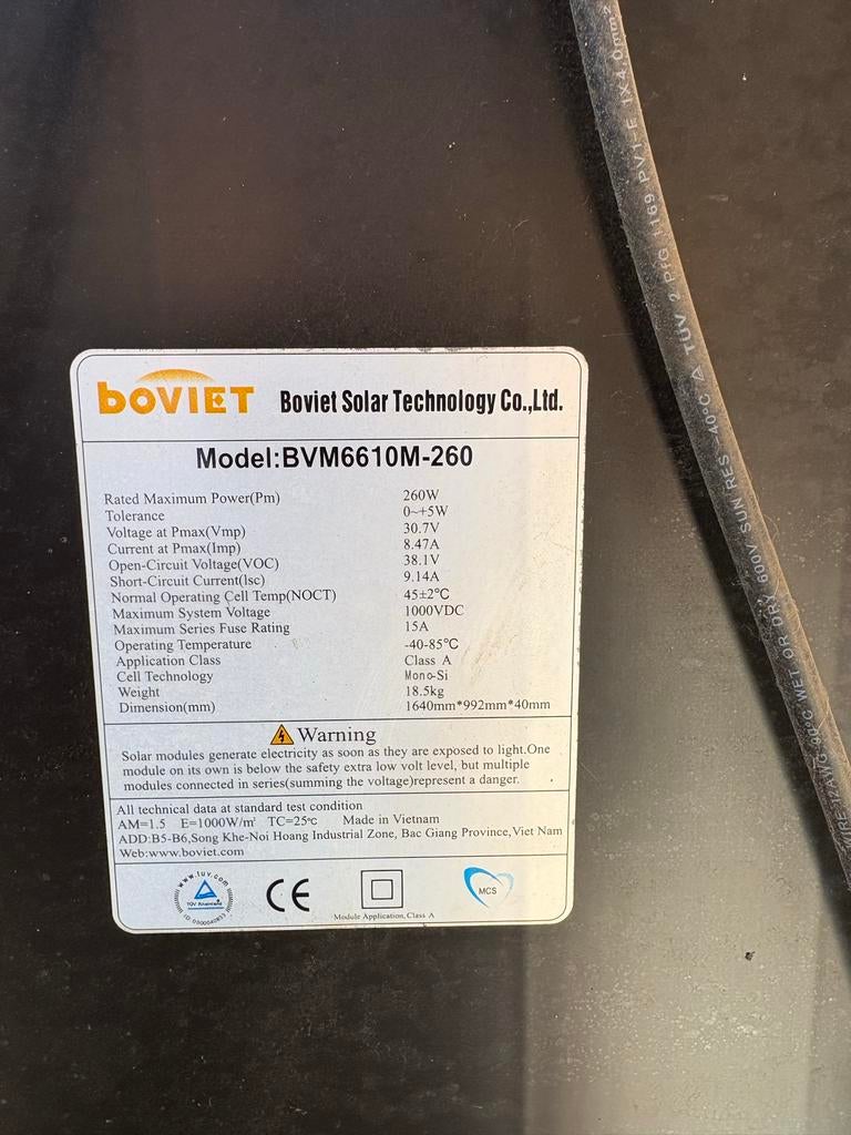 12 Boviet Zonnepanelen BVM6610M-260 (260Wp per paneel), Doe-het-zelf en Verbouw, Ophalen of Verzenden, Gebruikt, Paneel, 200 wattpiek of meer