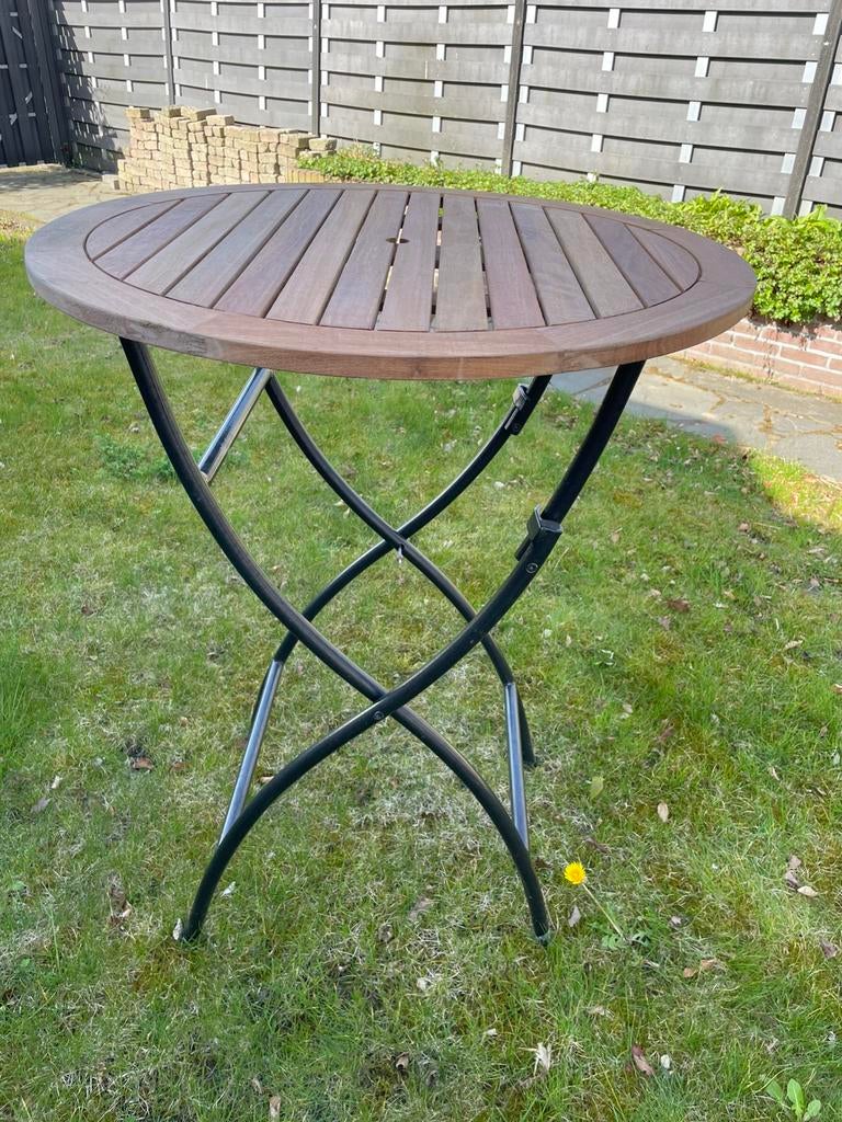 Statafel teak hout metaal rond 85cm hoogte 109cm, Tuin en Terras, Tuintafels, Ophalen, Zo goed als nieuw, Rond, Hout